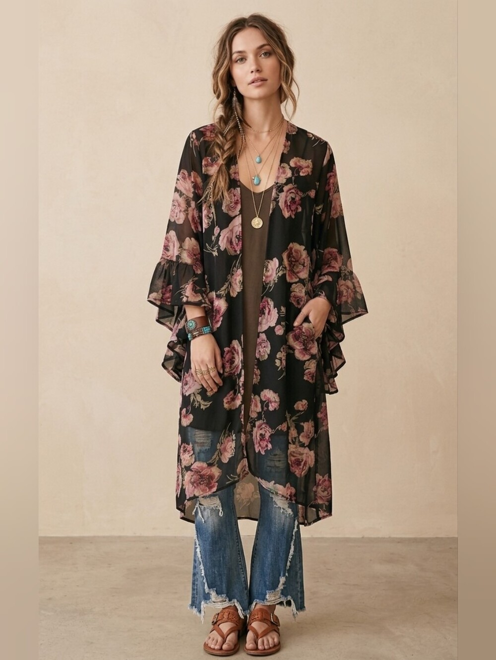 Live 4 Truth "Follow Me" Floral Ruffle- Sleeve Kimono Duster NWOT SZ 1x